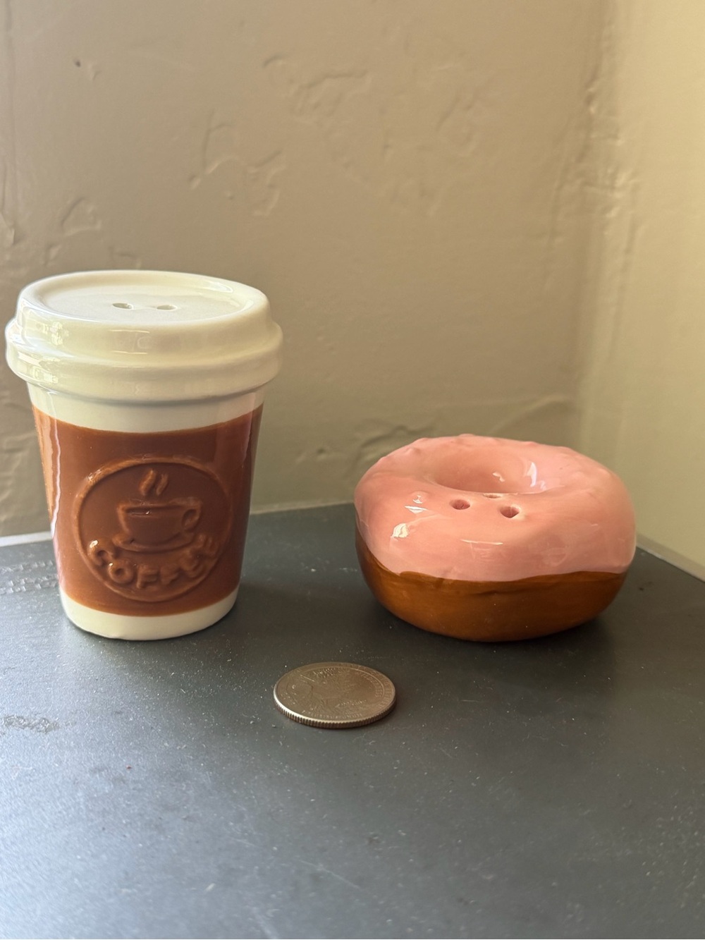 Novelty Salt & Coffee Pepper Shaker Set- ceramic coffee and pink frosted donut